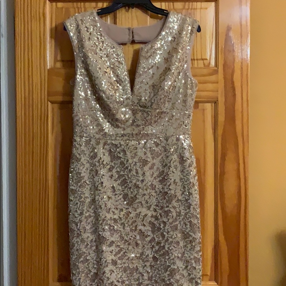BCBG Maxazria gold sequined cocktail dress